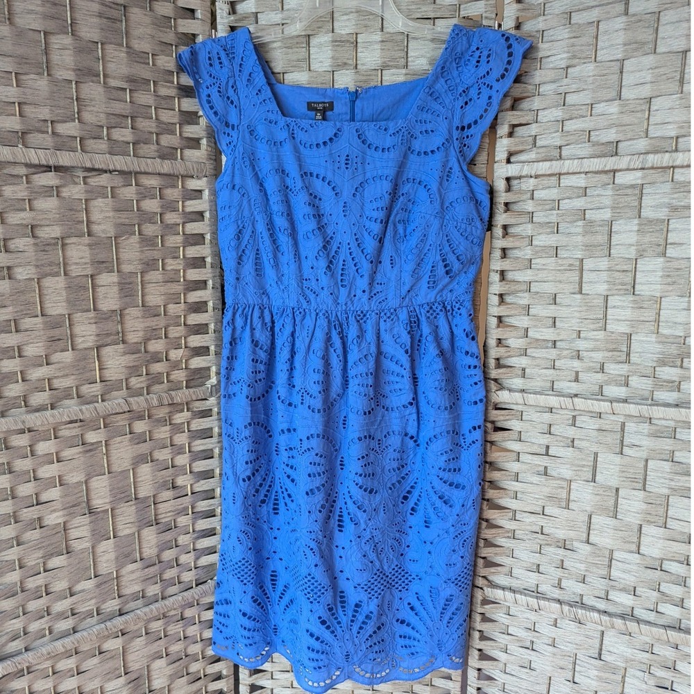 Talbots Eyelet Dress Cornflower Blue Fit & Flare Square Neck Cap Sleeve Sz 6P